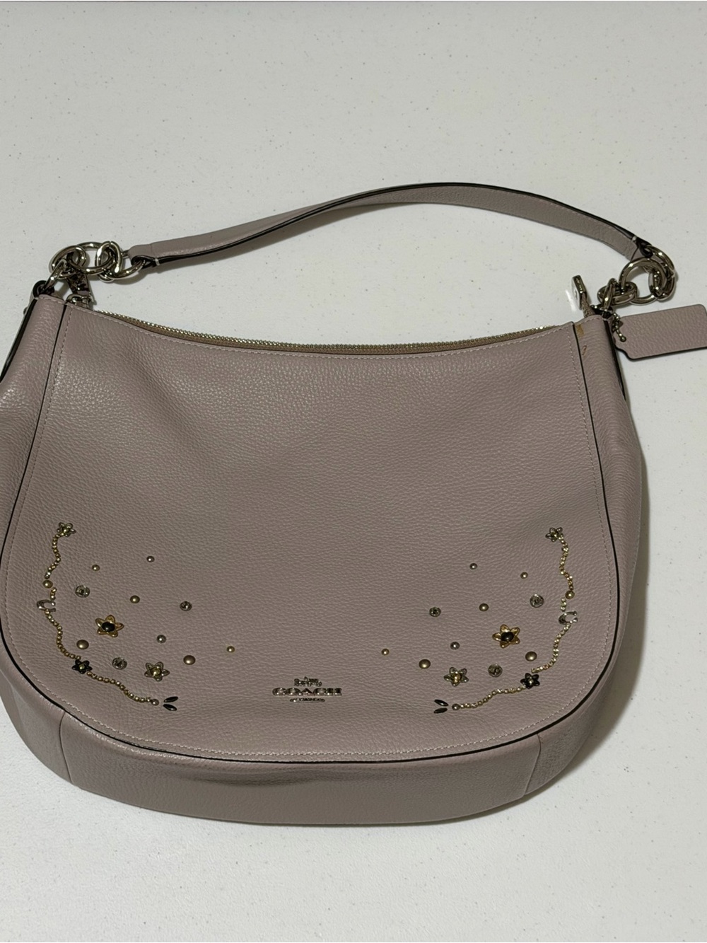 Coach light grey Pebbled Leather Shoulder Bag with Floral Studs